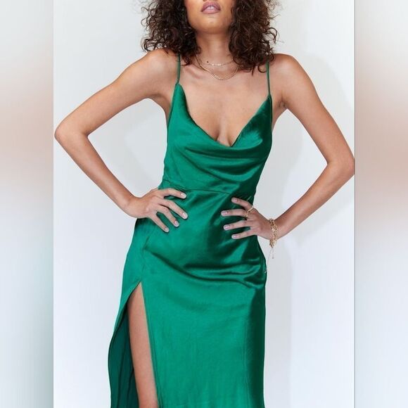 Princess Polly Green Walk The Line Satin Cowl High Slit Maxi Slip Dress XXS - Picture 6 of 8